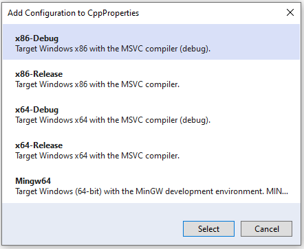 Přidat konfiguraci do dialogového okna CppProperties se seznamem výchozích konfigurací: x86-Debug, x86-Release, x64-Debug, x64-Release atd.