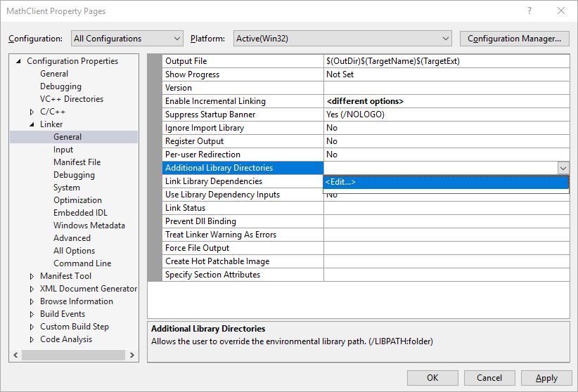 Screenshot of the Property Pages dialog showing the Edit command in the Linker > General > Additional Library Directories property drop-down.