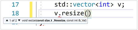 Snímek obrazovky s informacemi o parametrech zobrazující parametry pro změnu velikosti funkce ve vektoru v Informace o parametrech jsou: const size_t _Newsize, const int &_Val.