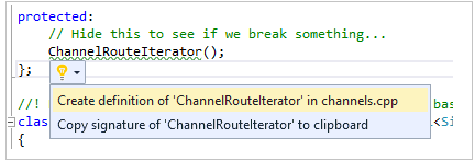 Snímek obrazovky znázorňující rychlou opravu se zvýrazněnou možností Create definition of Channel Route Iterator in channels dot C P P option