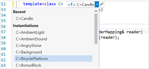 Snímek obrazovky s výsledky IntelliSense šablony se seznamem různých typů použitých k vytvoření instance parametru šablony C, například C = AmbientLight, C = Svíčka a další