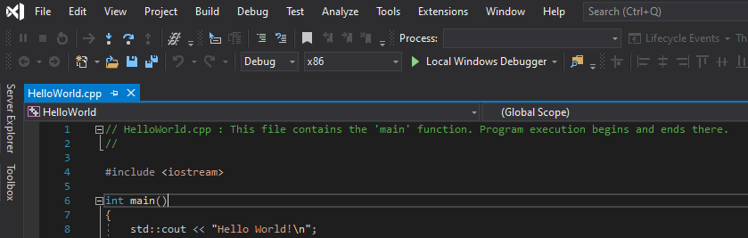 Snímek obrazovky sady Visual Studio s tmavým barevným motivem