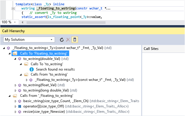 Snímek obrazovky s oknem Hierarchie volání, ve kterém se zobrazují volání do a z Floating_to_wstring(). Například to_wstring() volá Floating_to_wstring().