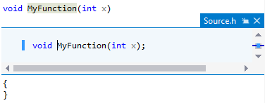 Snímek obrazovky s automaticky otevíraným oknem obsahujícím soubor záhlaví Source.h s vytvořenou deklarací: void MyFunction(int x);.