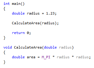 Snímek obrazovky s vytvořenou funkcí, která obsahuje extrahovaný kód Definice je void CalculateArea(double radius).