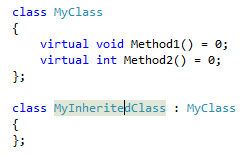 Snímek obrazovky třídy se dvěma čistě virtuálními funkcemi s názvem Method1 a Method2 Prázdná třída s názvem MyInheritedClass je odvozena z ní.