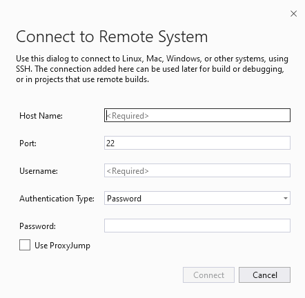 Snímek obrazovky s oknem Visual Studio Connect to Remote System (Připojit ke vzdálenému systému).