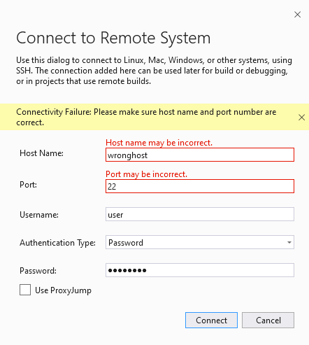 Snímek obrazovky s oknem Visual Studio Connect to Remote System (Připojit ke vzdálenému systému). Pole názvu hostitele a portu jsou označena červeně a označují nesprávné položky.