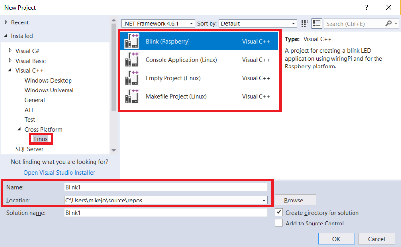 The New Project dialog box with Visual C plus plus > Cross Platform > Linux selected and all project types and Name and Location text boxes out out.