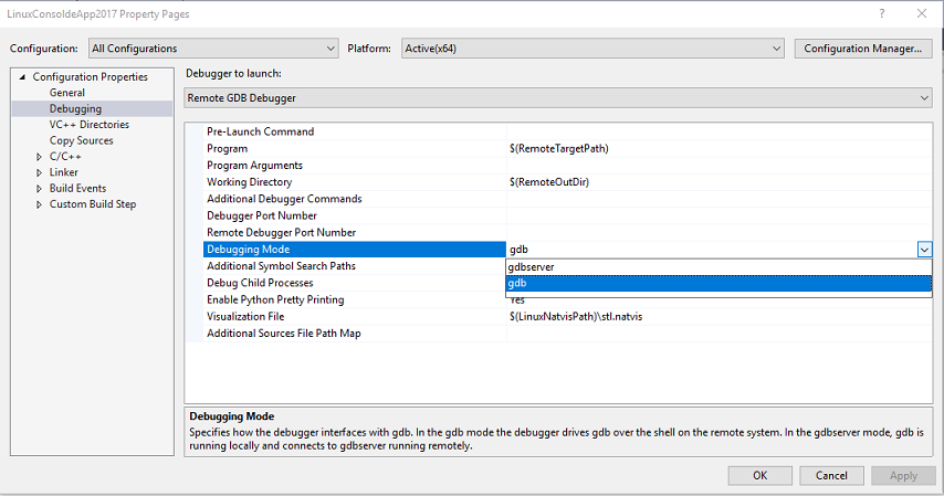 Snímek obrazovky s dialogovým oknem Stránky vlastností aplikace konzoly sady Visual Studio 2017 s vybranou možností Ladění vlastností > konfigurace a zvýrazněným režimem ladění s vybranou možností G D B a zvýrazněnou v rozevíracím seznamu