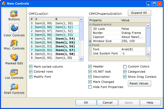 CMFCPropertySheet list a ovládací prvky vlastností.