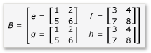 Diagram znázorňující 4 podle 4 matice B rozdělené na 2 podle 2 dílčích matic