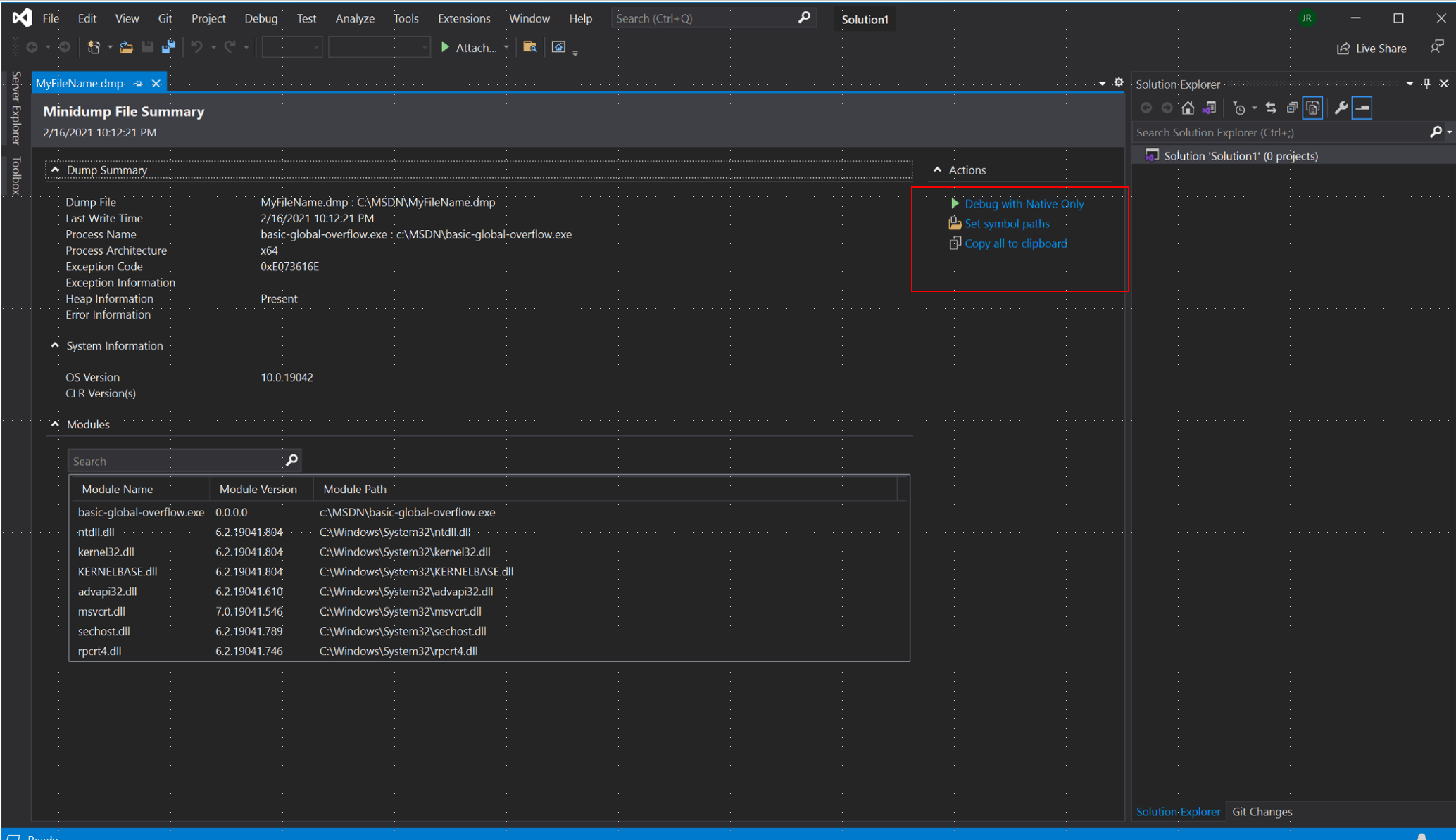 Snímek obrazovky se zobrazením Souhrn minidumpu v sadě Visual Studio