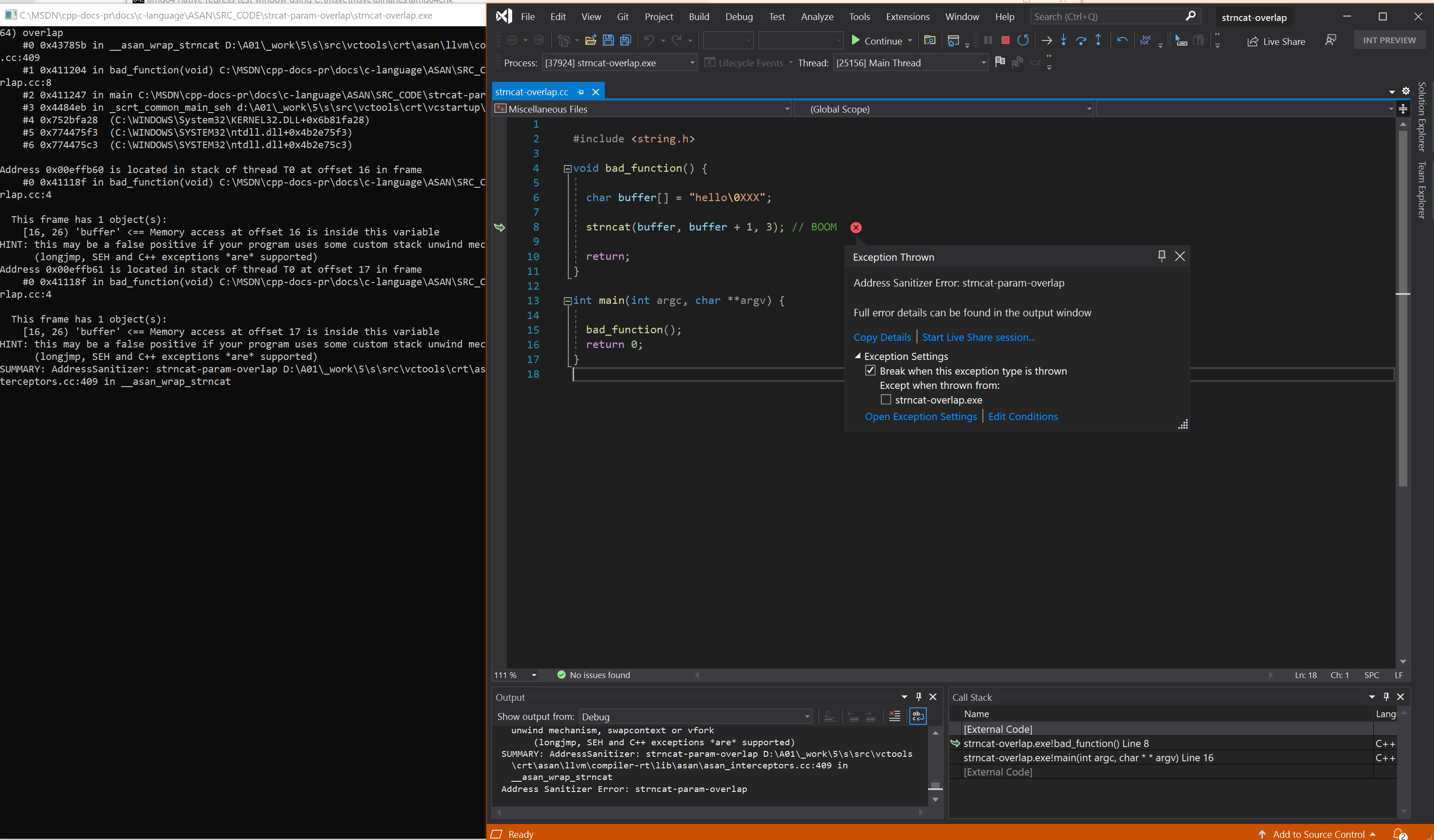 Snímek obrazovky ladicího programu zobrazující chybu strncat-param-overlap v příkladu 1