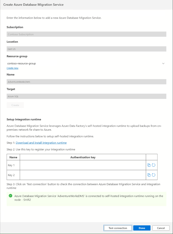 snímek obrazovky modulu Test connection Integration Runtime