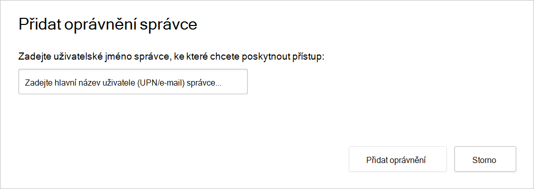 Snímek obrazovky s dialogovým oknem přidat oprávnění správce