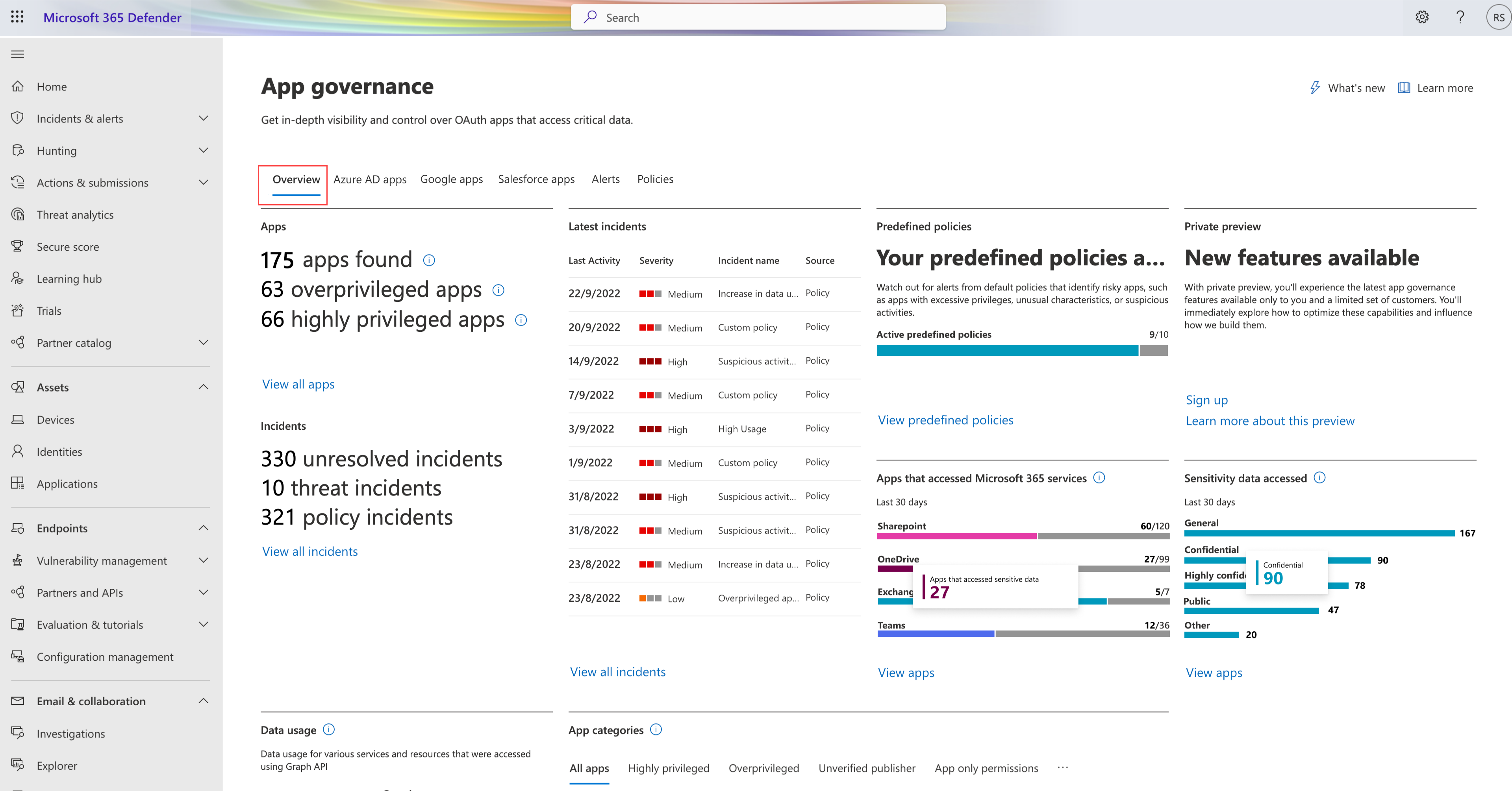 Snímek obrazovky se stránkou přehledu zásad správného řízení aplikací v Microsoft Defender XDR