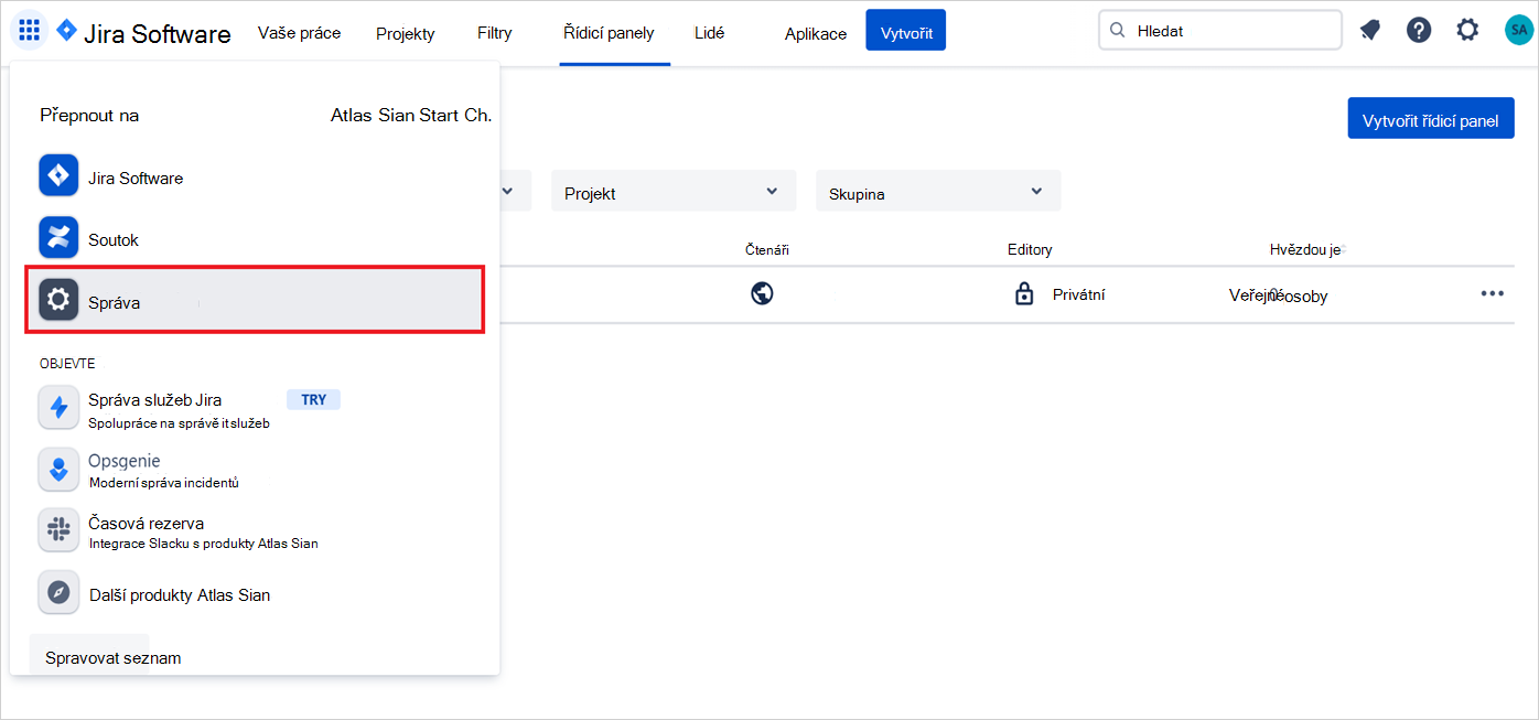 Přihlaste se k portálu Atlassian Správa.