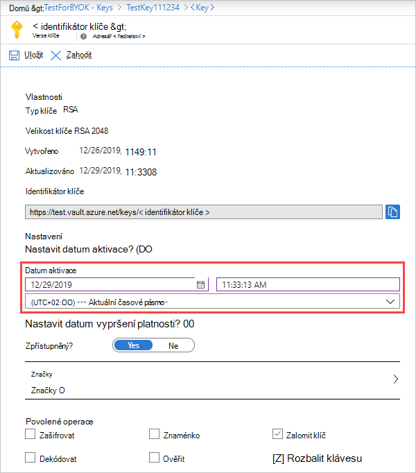 Snímek obrazovky znázorňující datum aktivace klíče