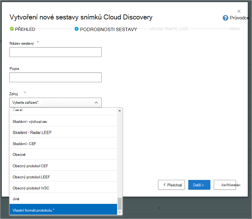 Snímek obrazovky s dialogovým oknem Vytvořit novou sestavu snímků cloud discovery