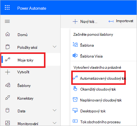 Power Automate vytvoří nový tok.