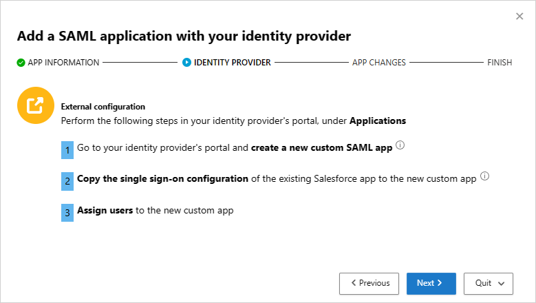 Přidejte aplikaci SAML se zprostředkovatele identity.