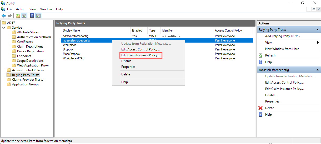 Vyhledejte a upravte vystavování deklarace identity předávajícího vztahu důvěryhodnosti.