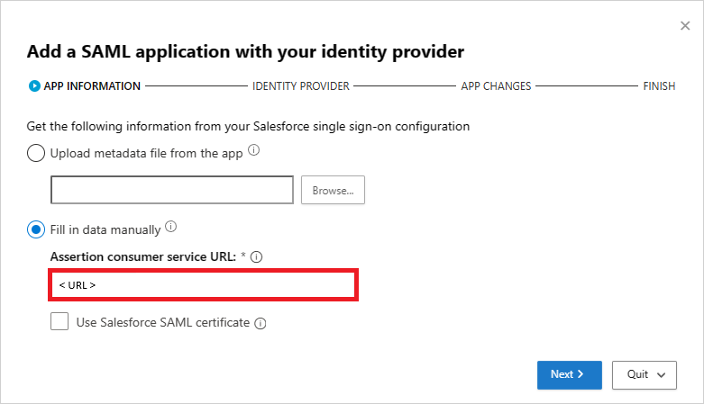 Ručně vyplňte informace o Salesforce SAML.