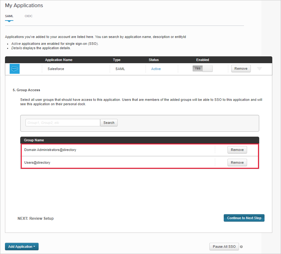 Poznamenejte si přiřazené skupiny existující aplikace Salesforce.