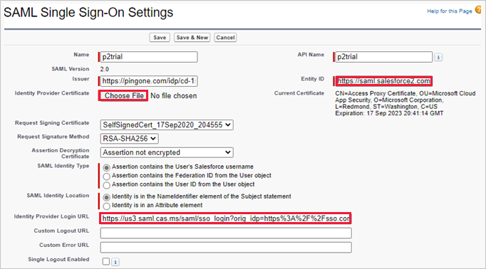 Aktualizujte vlastní aplikaci Salesforce pomocí Defender for Cloud Apps podrobností SAML.