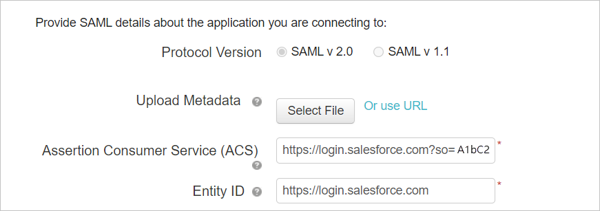 Nakonfigurujte vlastní aplikaci s podrobnostmi o Salesforce SAML.