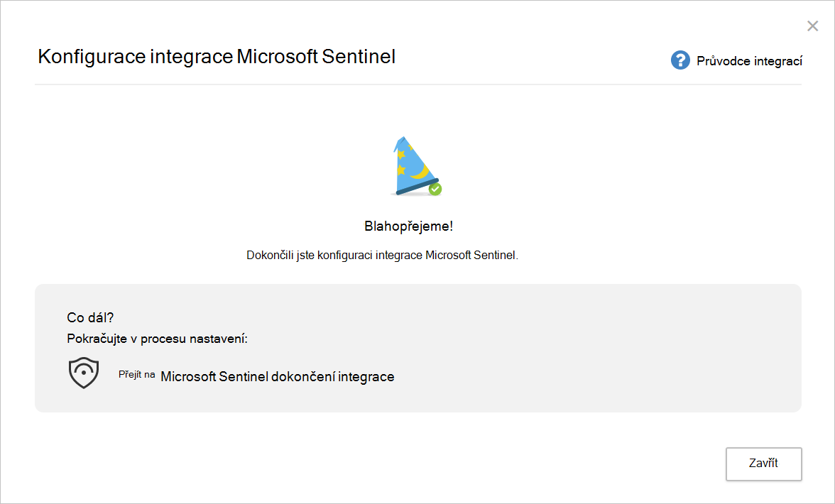 Snímek obrazovky znázorňující stránku dokončení konfigurace integrace Microsoft Sentinel
