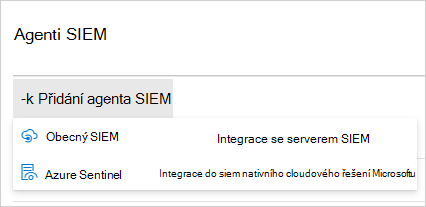Snímek obrazovky s nabídkou Přidat integraci SIEM