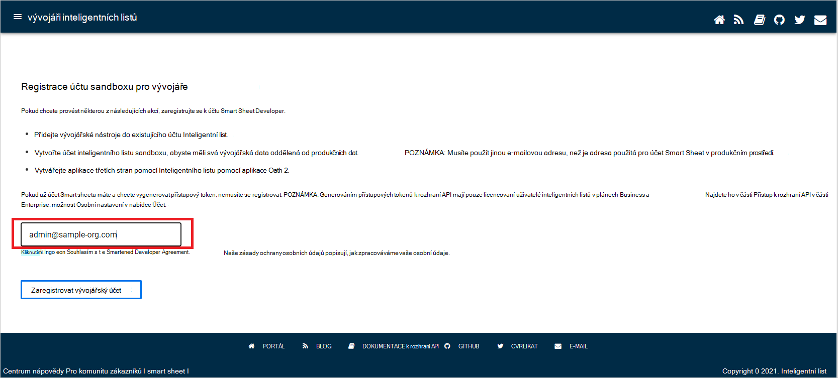Snímek obrazovky znázorňující stránku registrace účtu sandboxu pro vývojáře