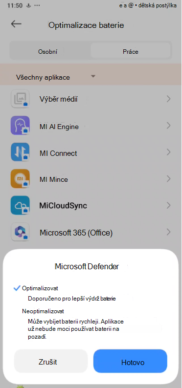 Obrázek rozevíracího seznamu Optimalizace Microsoft Defender