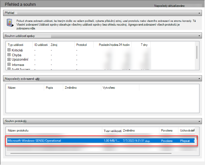Snímek obrazovky s Prohlížeč událostí s oddílem souhrnu protokolu