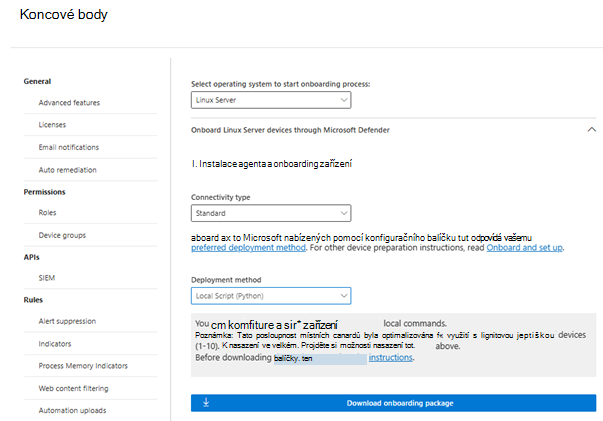 Snímek obrazovky znázorňující onboarding MDE pomocí instalačního skriptu