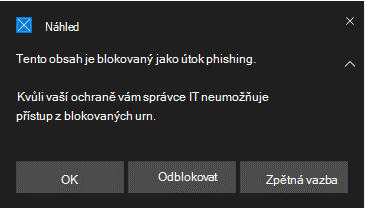 Zobrazuje upozornění na obsah útoku phishing ochrany sítě.