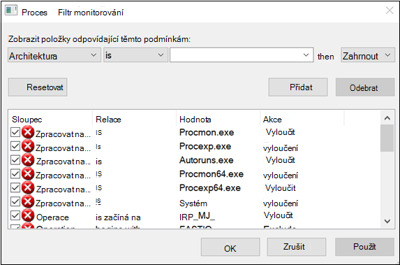 Snímek obrazovky zobrazující stránku, na které je jako Název procesu odfiltrování vybrána možnost Vyloučit systém