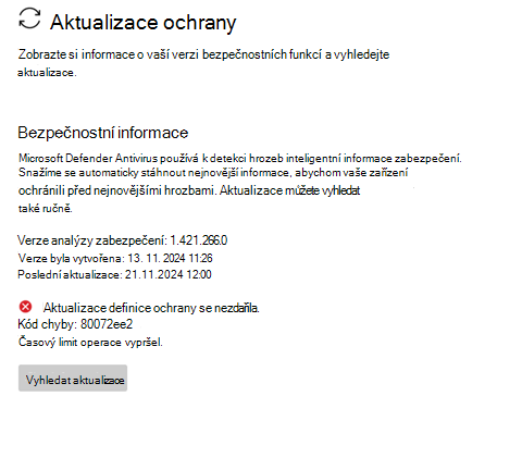 Snímek obrazovky s neúspěšnou aktualizací definice ochrany