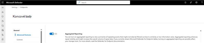 Snímek obrazovky s přepínačem agregovaných sestav na stránce nastavení Microsoft Defender portálu