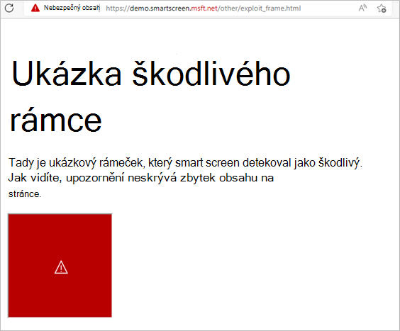 Ukázka toho, jak filtr SmartScreen reaguje na rámeček na stránce, u které se zjistí, že je škodlivý. Blokuje se jenom škodlivý rámec.