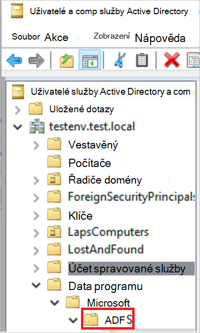 Snímek obrazovky s kontejnerem pro Active Directory Federation Services (AD FS)