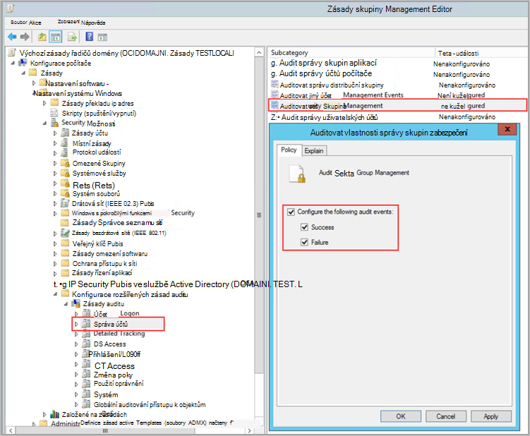 Screenshot of the Audit Security Group Management Properties dialog.