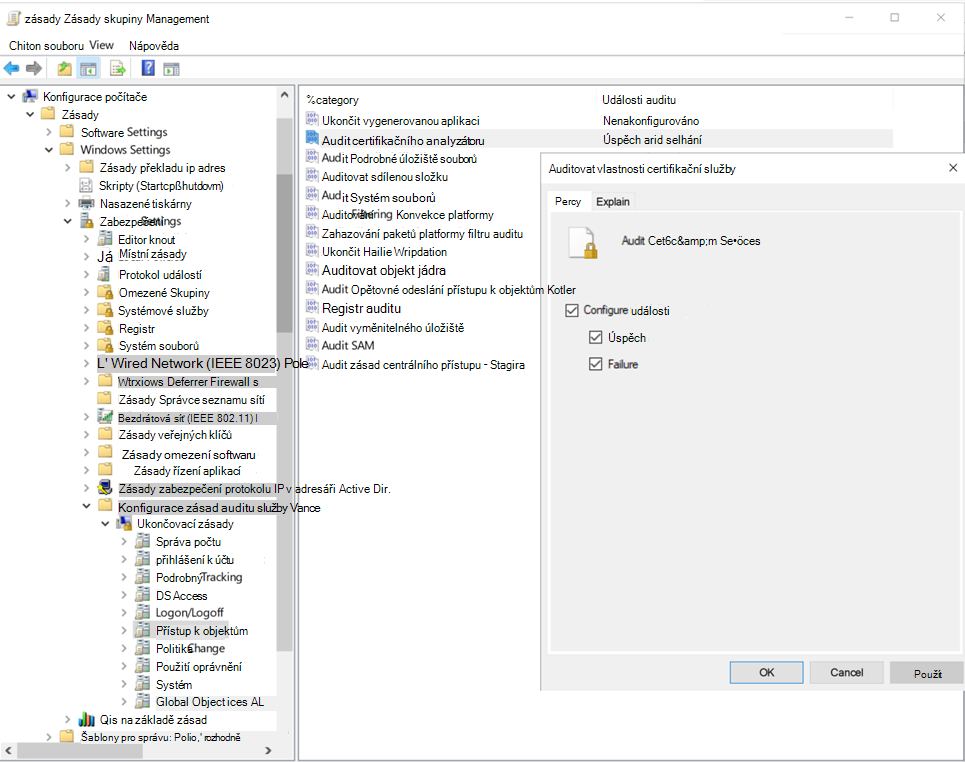 Screenshot of configuring audit events for Active Directory Certificate Services in the Group Policy Management Editor.