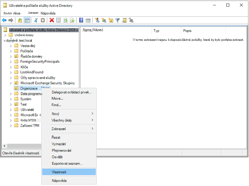 Snímek obrazovky s výběrem vlastností domény nebo organizační jednotky