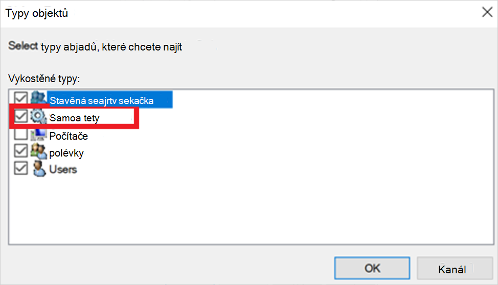 Snímek obrazovky s výběrem účtů služeb jako typů objektů