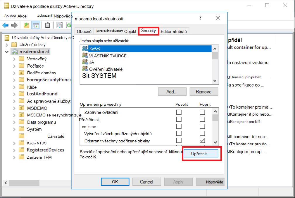 Screenshot of the dialog for opening advanced security properties.