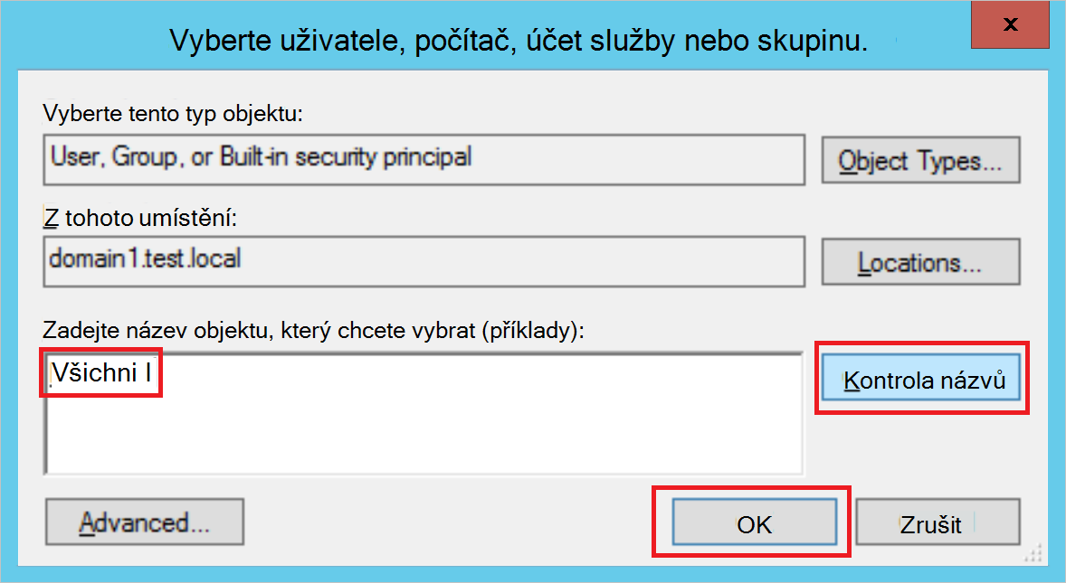 Snímek obrazovky se zadáváním názvu objektu Všichni