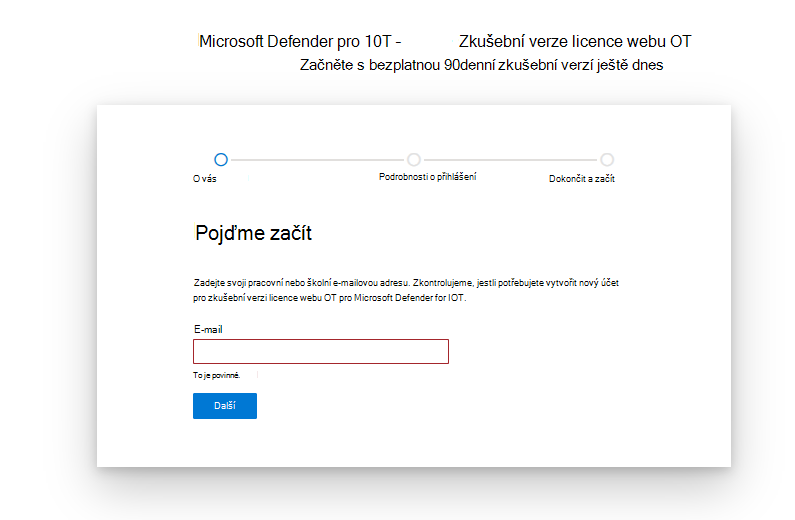 Snímek obrazovky, který vám umožní začít a nastavit stránku pro Microsoft Defender pro zkušební licenci IoT